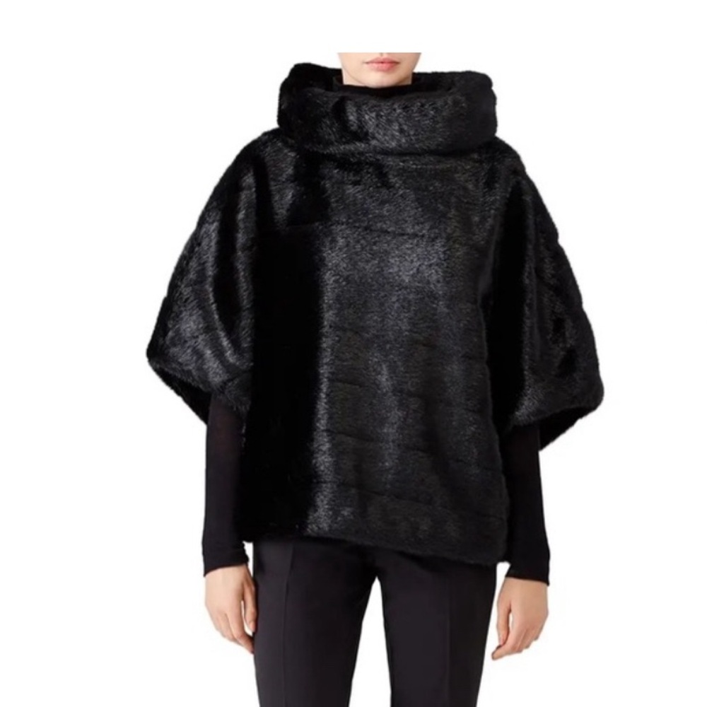 NWT Kate Spade M/L Black Faux Fur Poncho Cape Jacket $598 so Audrey Hepburn - Picture 1 of 11